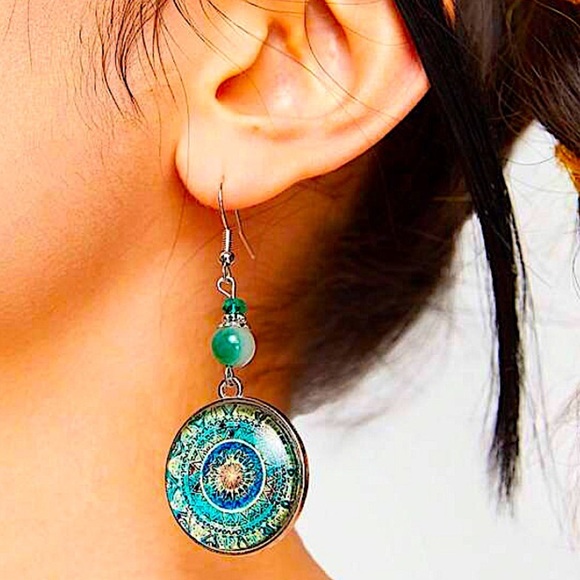 Bohemian Blue Mandala Dangle Earrings Silver Handmade Beaded Hook - Picture 7 of 10